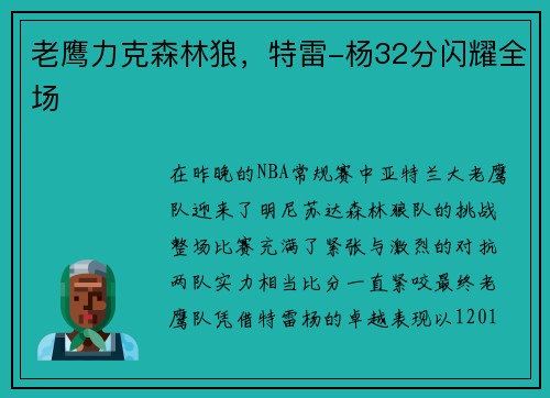 老鹰力克森林狼，特雷-杨32分闪耀全场